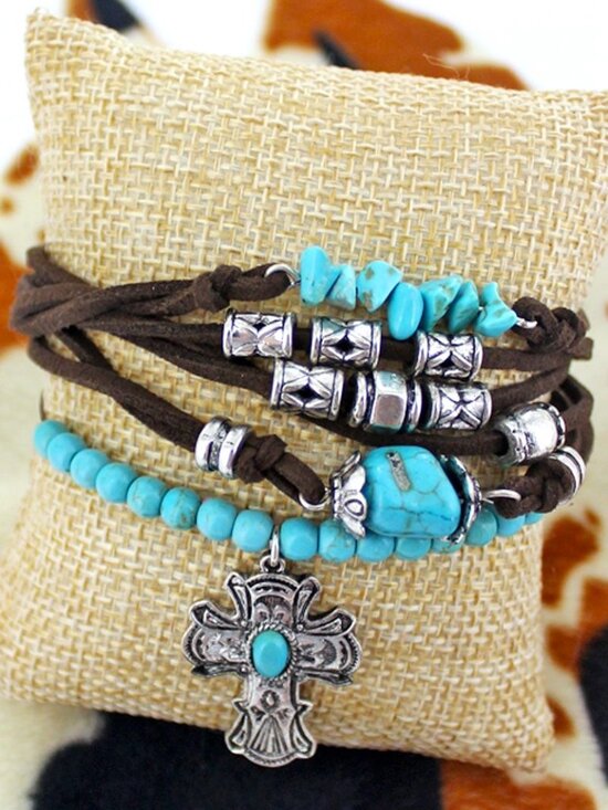 ICON Jewelry - Bracelet. Faux Suede Cords. Turquoise & Silver Beads. Cross Charm. NWT
